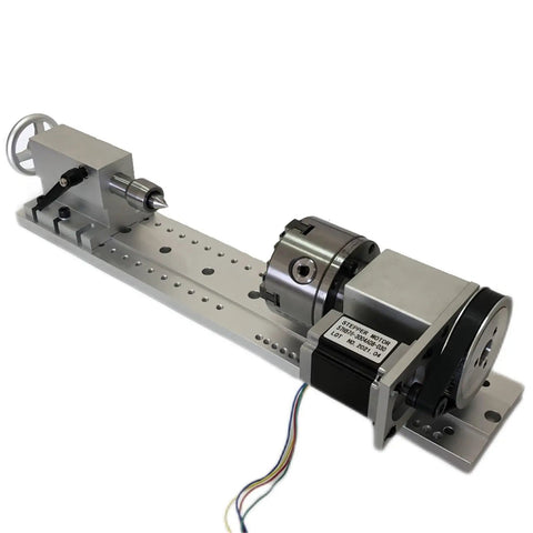 Built Tough 4 Axis CNC Rotary Tailstock With Heavy Duty Mounting Base And Nema 23 Stepper Motor For Slick Machining Projects Paired With A 100Mm Four Jaw Chuck showing rotary tailstock setup with motor and chuck.
