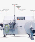 Heavy Hitter Automatic Cable Winding Reel With Digital Meter Counter And Precision Cutting Touchscreen For Fiber Optic Power And Data Cords showing interface and features.