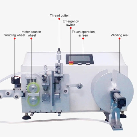 Heavy Hitter Automatic Cable Winding Reel With Digital Meter Counter And Precision Cutting Touchscreen For Fiber Optic Power And Data Cords showing interface and features.