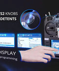Close-up of TX16S Mark II 2.4GHz 16 Channel EdgeTX Radio Transmitter Mode 2 with 4 in 1 Hall Gimbals showcasing controls and display.