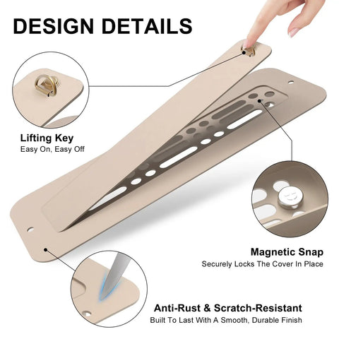 Design details of RV Floor Vent Cover 2x10 Inch With Removable Magnetic Lid showing features like lifting key and magnetic snap.