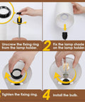 Assembly steps for Bedside Lamp With USB A And USB C Charging Ports And AC Outlet, showing fixing ring, shade, and bulb installation.