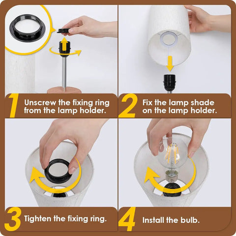 Assembly steps for Bedside Lamp With USB A And USB C Charging Ports And AC Outlet, showing fixing ring, shade, and bulb installation.