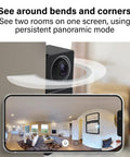 Full Coverage 360 Indoor Security Camera With Two Way Audio, 1080p HD Live Video showing panoramic room view on smartphone