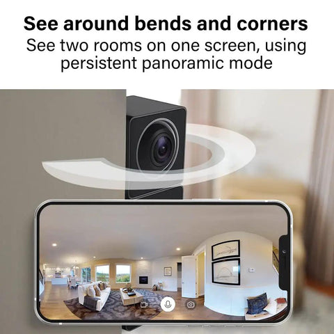 Full Coverage 360 Indoor Security Camera With Two Way Audio, 1080p HD Live Video showing panoramic room view on smartphone