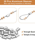 Aluminum sleeves for Stainless Steel Cable Wire Rope Kit 50ft Long 1/64 Inch Dia 7x7 Core with 20 Loop Sleeves shown with crimping detail