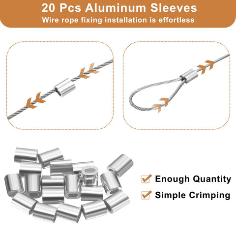 Aluminum sleeves for Stainless Steel Cable Wire Rope Kit 50ft Long 1/64 Inch Dia 7x7 Core with 20 Loop Sleeves shown with crimping detail