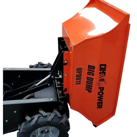 Built Tough Rock Solid Heavy Duty Electric Hydraulic Dump Cart 1100 Lb Workhorse 48 Volt Battery Powered orange steel bucket detail image.