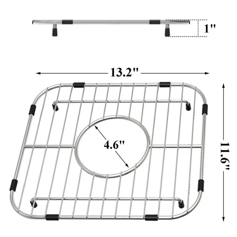 Double Bowl Kitchen Sink Protector Grid 304 Stainless Steel Universal Kitchen Sink Grid Bottom Rack with centered drain and dimensions.