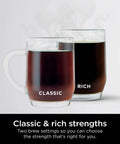 Classic and Rich brew strength options for 12-Cup Programmable Coffee Maker with Glass Carafe, shown in transparent mugs.