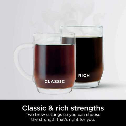 Classic and Rich brew strength options for 12-Cup Programmable Coffee Maker with Glass Carafe, shown in transparent mugs.