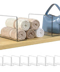 Top Rated Shelf Dividers For Closets And Dressers Compact Six Inch Vertical Blocks with neatly stacked towels on a wooden shelf.