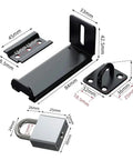 Stainless Steel Door Clasp Lock Right Angle Latch 90 Degree Hasps Shed Gate dimensions with padlock and black latch details.