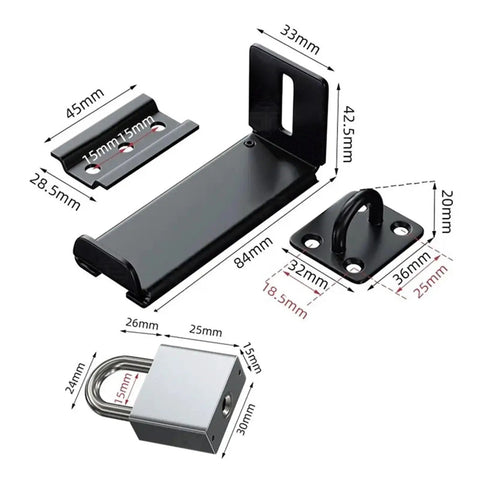 Stainless Steel Door Clasp Lock Right Angle Latch 90 Degree Hasps Shed Gate dimensions with padlock and black latch details.