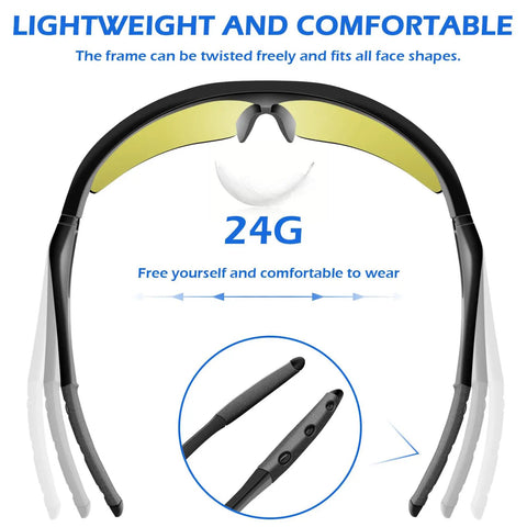 Heavy-Duty 24 Haul Of Safety Glasses With Yellow Tint Lenses And Sturdy Black Temples ANSI Z87 Marked UV Blocker showing flexible frame design.