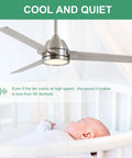 52-Inch Brushed Nickel Ceiling Fan With Remote Control And Dimmable LED Light, 3 Blades, above a crib, features quiet operation