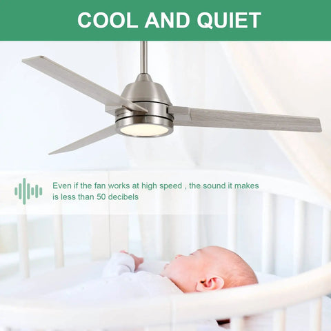 52-Inch Brushed Nickel Ceiling Fan With Remote Control And Dimmable LED Light, 3 Blades, above a crib, features quiet operation