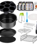 12-Piece Air Fryer Accessories Set Fits Most 4 To 5.8 Qt Fryers For Healthier Cooking Go-To BPA Free Food Grade Materials Includes Cake Pan Pizza Pan Stainless Steel Rack And More Great For Crispy Even Results displayed on a white background.