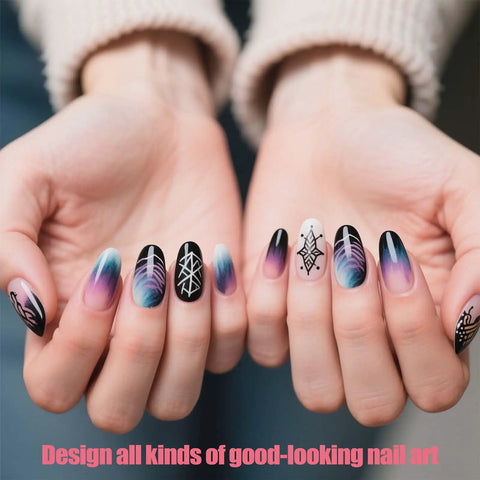 Hands displaying intricate designs using 32Piece Pro Nail Art Brushes Kit With Double Ended Brushes Dotting Tools Liner Pens Pen Holder Color Palette