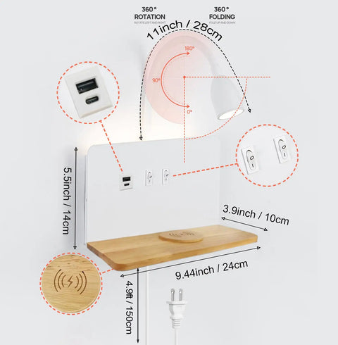 Diagram of Bedside Sconce With Wireless Charging Pad And USB C And USB A Ports, showing dimensions and features like gooseneck and shelf.