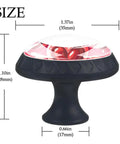 4 Piece 35 mm Glass Cabinet Knobs With Sleek Red Heart Design And Heavy Duty Stainless Steel Hardware showing size dimensions on a dark base.