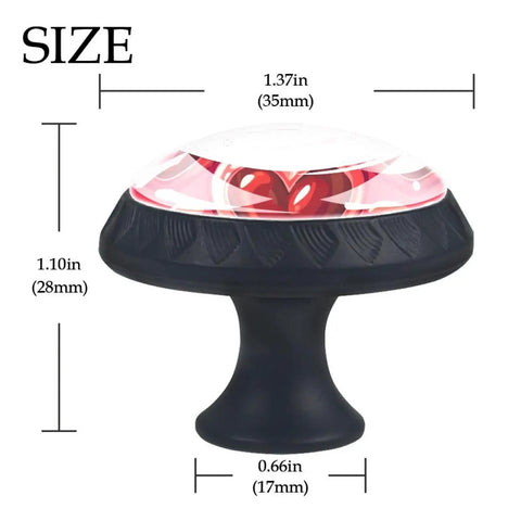 4 Piece 35 mm Glass Cabinet Knobs With Sleek Red Heart Design And Heavy Duty Stainless Steel Hardware showing size dimensions on a dark base.