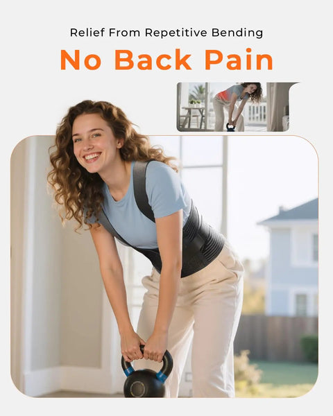 Person wearing a breathable work back brace with removable suspenders, lifting weights indoors, promoting spine stabilization.