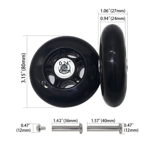 Quiet 3.15 Inch Luggage Wheel Replacement Kit with 80mm inline skate wheels, 0.94 inch width, 27mm bearings, durable rubber design