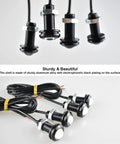 Universal Amber LED Front Grille Marker Lights with Projector Lens, aluminum housing, and copper wire conductors displayed on a white surface.