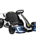 Dual Motor 24V Electric Go Kart For Kids 6-12 With Adjustable Seat Drift Mode Slow Start Lights Music And Horn Battery Powered Outdoor Ride On Toy That Delivers Up To 50 Minutes Of Play, front view with lights on