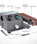 Badass Electric Bench Grinder And Wet Dry Belt Sander features LCD display, adjustable grinding arm, and abrasive belt, compact design.