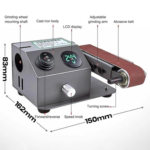 Badass Electric Bench Grinder And Wet Dry Belt Sander features LCD display, adjustable grinding arm, and abrasive belt, compact design.