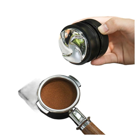 Top Tier Espresso Coffee Distributor And Leveler With Adjustable Depth For 58.35mm Portafilters held above a portafilter with coffee grounds.