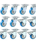 12 Pack 2 Inch Swivel Plate Caster Wheels Blue Polyurethane With 6 Brakes And 6 Non Brake Casters, side view