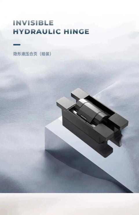 Top Shelf Hidden Door Hardware Featuring Silent Hydraulic Self Closing Hinges With Heavy Duty Extra Strong Construction. Visible black hydraulic hinge on a sleek surface.