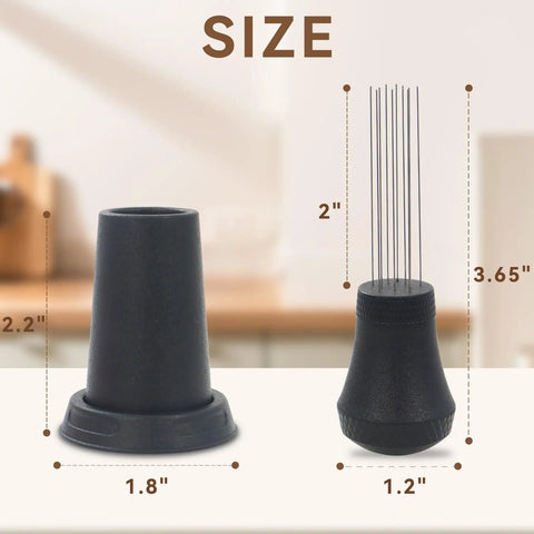 Espresso Distribution Tool With 0.4mm 10 Needle Stirrer for even extraction shown with 3.65-inch height and 1.2-inch diameter