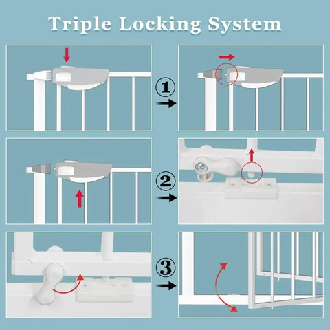 Extra Wide Baby Gate With Triple Lock System Pressure Mounted Walk Through Swing Auto Close Safety Gate lock mechanism detail