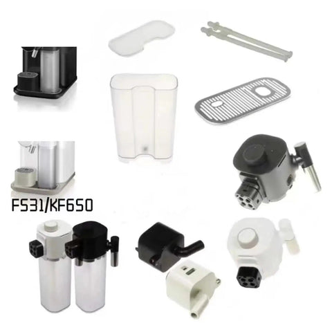 Various components including large capacity water tank cover for capsule coffee machines, compatible with Nespresso and Nestle.