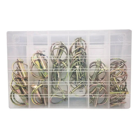 50 Piece Lynch Locking Pin Set M4.5 M6 M8 M11 Heavy Duty Spring Steel Annular Ring Clips in clear storage box