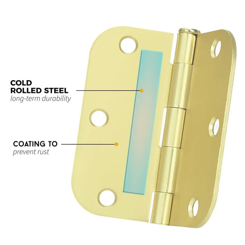 18 Pack 3.5 Inch Polished Brass Door Hinges With Five-Eighth Radius Corners Includes 108 Matching Screws In Brushed Brass Satin Gold Finish For Interior Doors Ships Fast, featuring cold rolled steel and rust prevention coating.