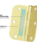 48 Pack Polished Brass Door Hinges in Bright Gold Finish 3 and a Half Inch by 3 and a Half Inch with Five Eighths Radius Corners