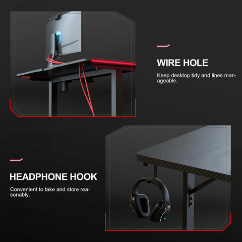 Side view of 55 Inch Gaming Desk with LED Lights, wire hole, and headphone hook for neat cable management and accessory storage.