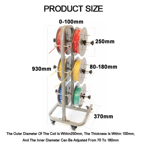 Heavy Duty Wire Spool Rack Holder Steel Dispenser for industrial electrical and retail use, dimensions shown on image.