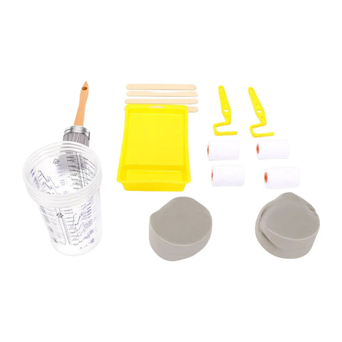 Complete Furniture Glow Up Paint Roller Kit With Mini Rollers And Sponge Brushes For Cabinet Refinishing High Density Foam Tools including mixing cups and tray liner.