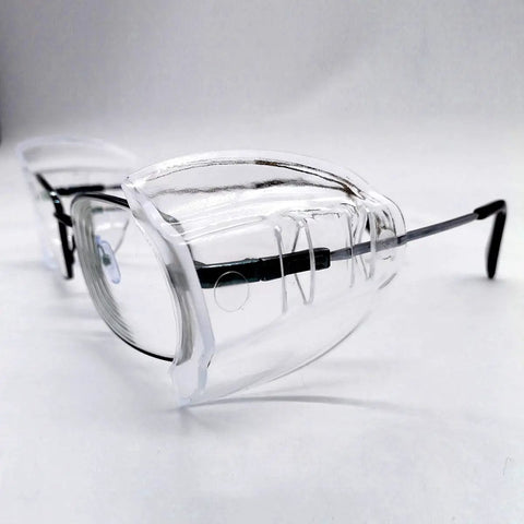 Six Pair Safety Eye Glasses Side Shields Clear Flexible Slip On Shield For Small To Medium Eyeglasses Soft TPU Cushioned Fit Under 10 Mm Frame Width All Day Comfort And Protection. Clear side shields on eyeglasses, showing fit under 10 mm frame width.