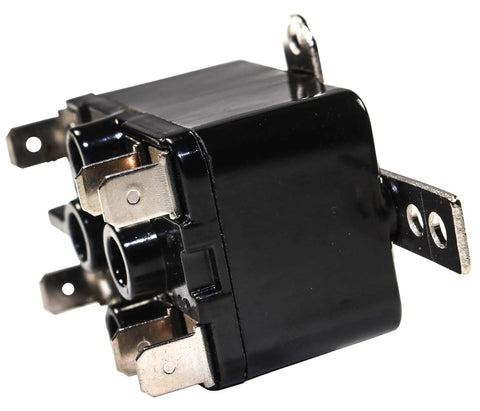 Beefy Enclosed General Purpose Fan Relay Replacement For Emerson 90-380 24V HVAC Relay, side view with metal terminals exposed.