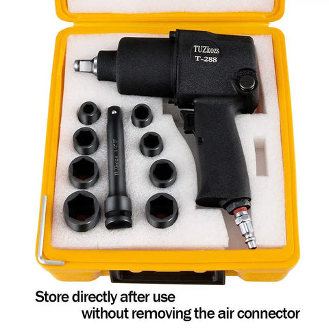 Heavy Duty Half Inch Air Impact Wrench Kit With Twin Hammer, Pistol Grip Design, includes sockets and extension rod in toolbox