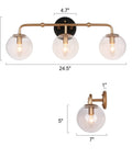 Black And Gold Three Light Vanity Light Fixture With Seeded Glass Shades And Black Backplate For Modern Bathrooms Over Vanity Mirror Dope Glam Glow That Elevates Your Powder Room And Guest Bath Vibe In A Modern Home, showing dimensions and design elements.