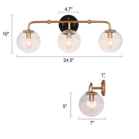 Black And Gold Three Light Vanity Light Fixture With Seeded Glass Shades And Black Backplate For Modern Bathrooms Over Vanity Mirror Dope Glam Glow That Elevates Your Powder Room And Guest Bath Vibe In A Modern Home, showing dimensions and design elements.