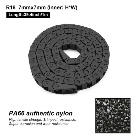 R18 7mm X 7mm Inner Size Black Plastic Cable Drag Chain Bridge Type With End Connectors 1 Meter Length for CNC Machines